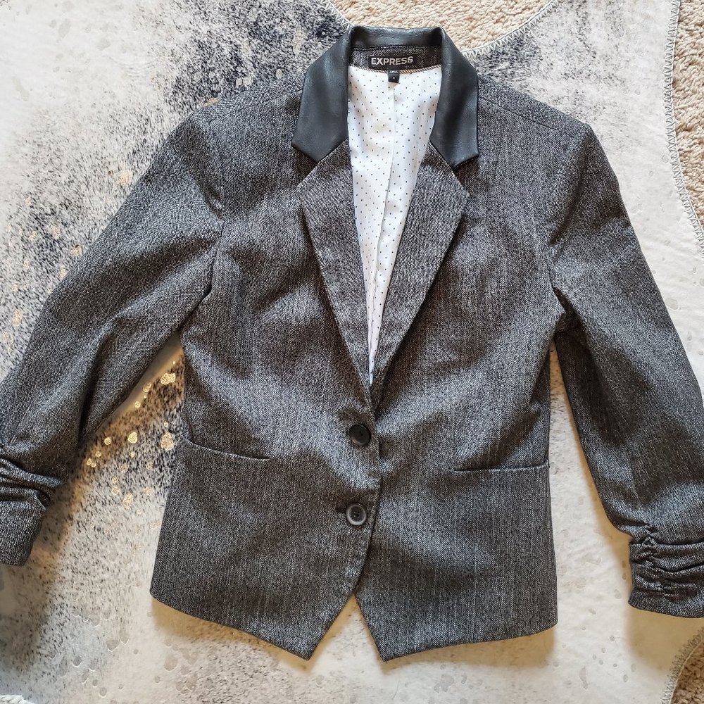 Scrunched Sleeved Blazer with Faux Leather Collar